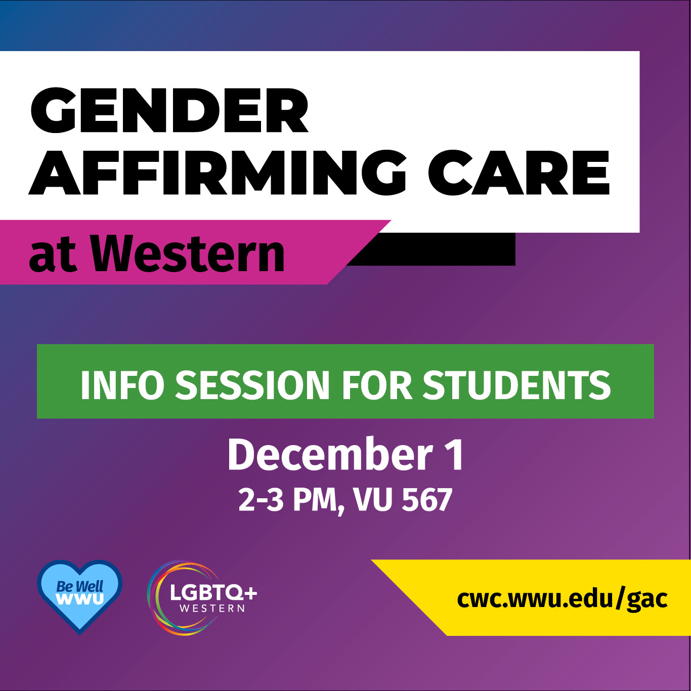 Decorative Flyer for Gender Affirming Care event, details below