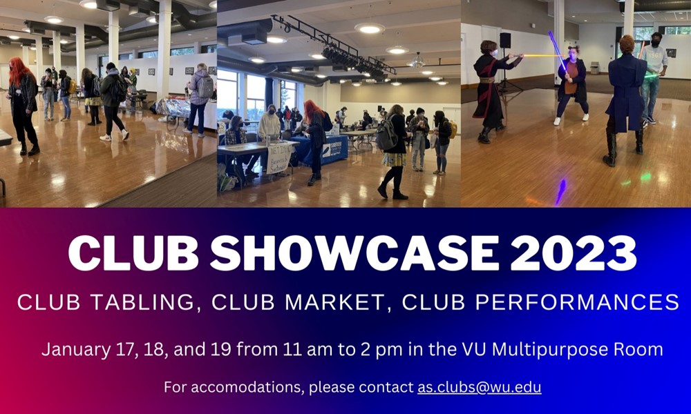 Club Showcase 2023 flyer, with images of past tabling events, students interacting with club leaders, and students in a mock lightsaber duel. Informational text on image in event description.