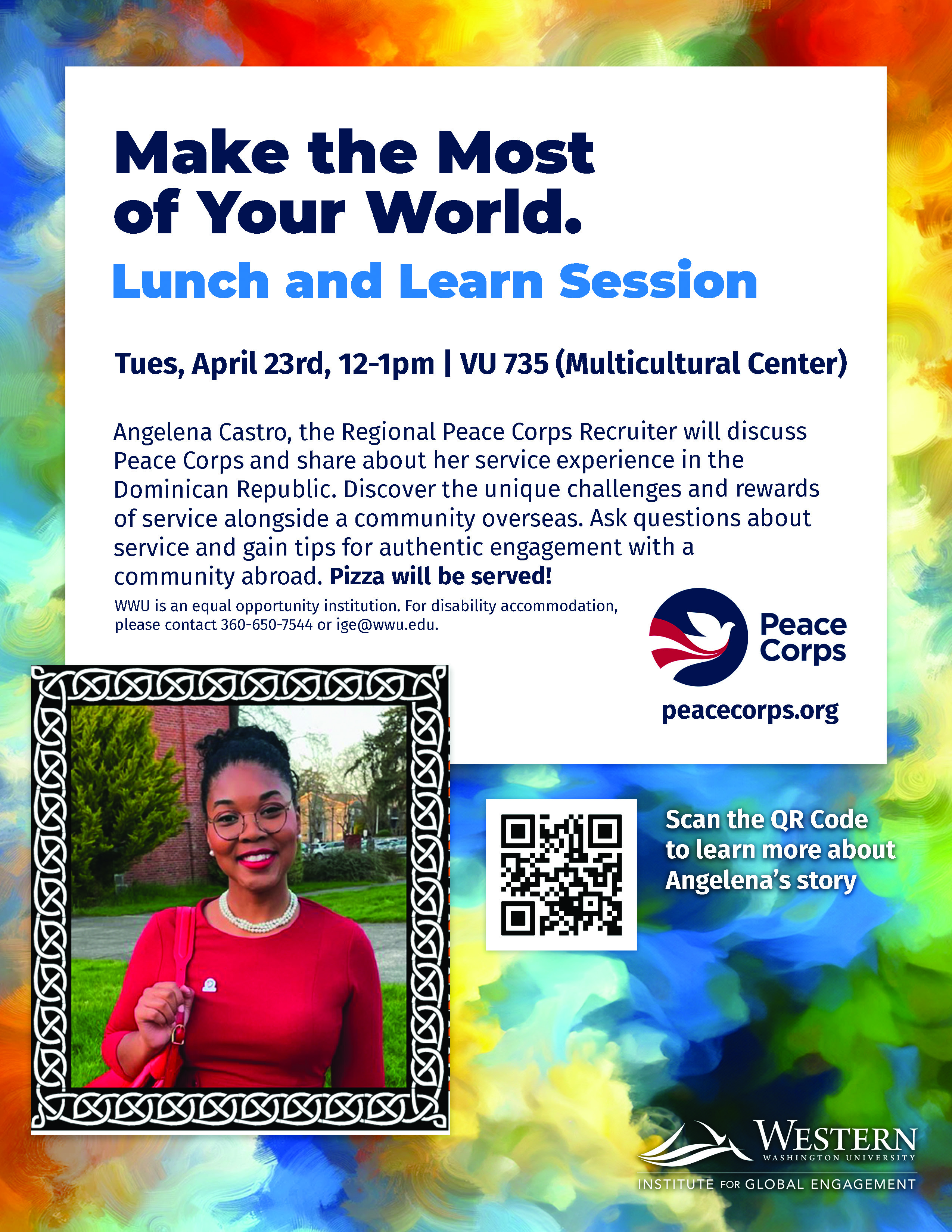 decorative flyer for Peace Corps event with Angelena Castro's headshot