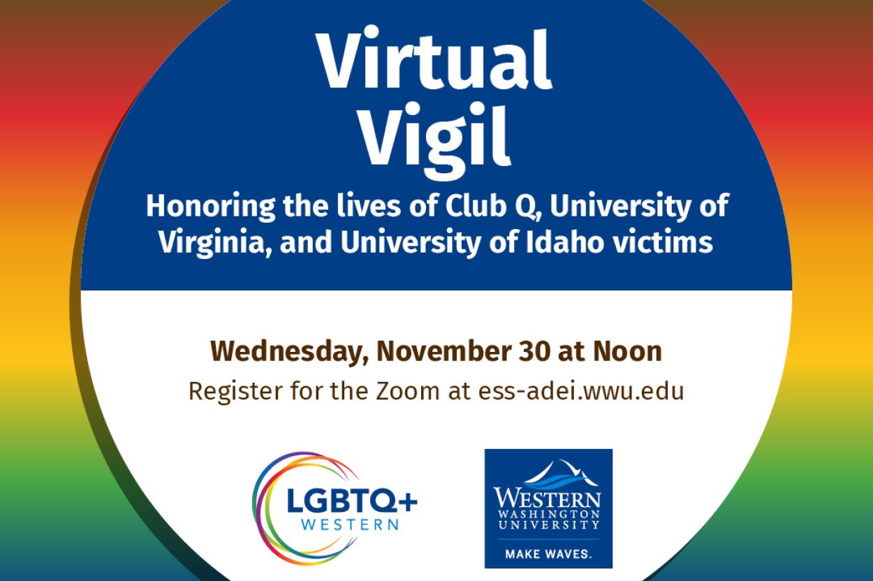 Vigil title and details on a gradient pride flag background with the LGBTQ+ and WWU logos