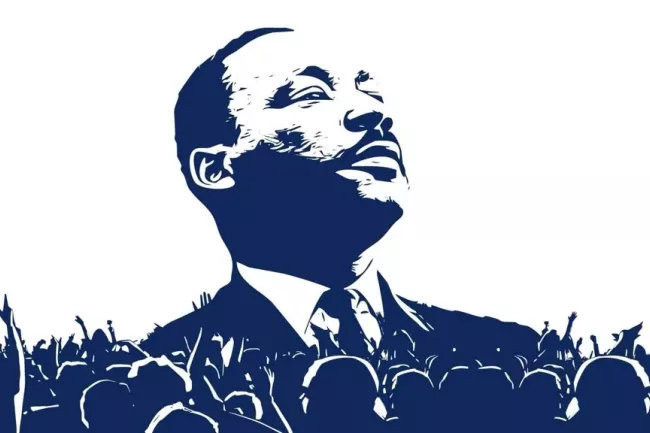 artistic rendition of a bust of Dr. Martin Luther King Jr. looking into the distance surrounded by a large crowd of people with their hands in the air 