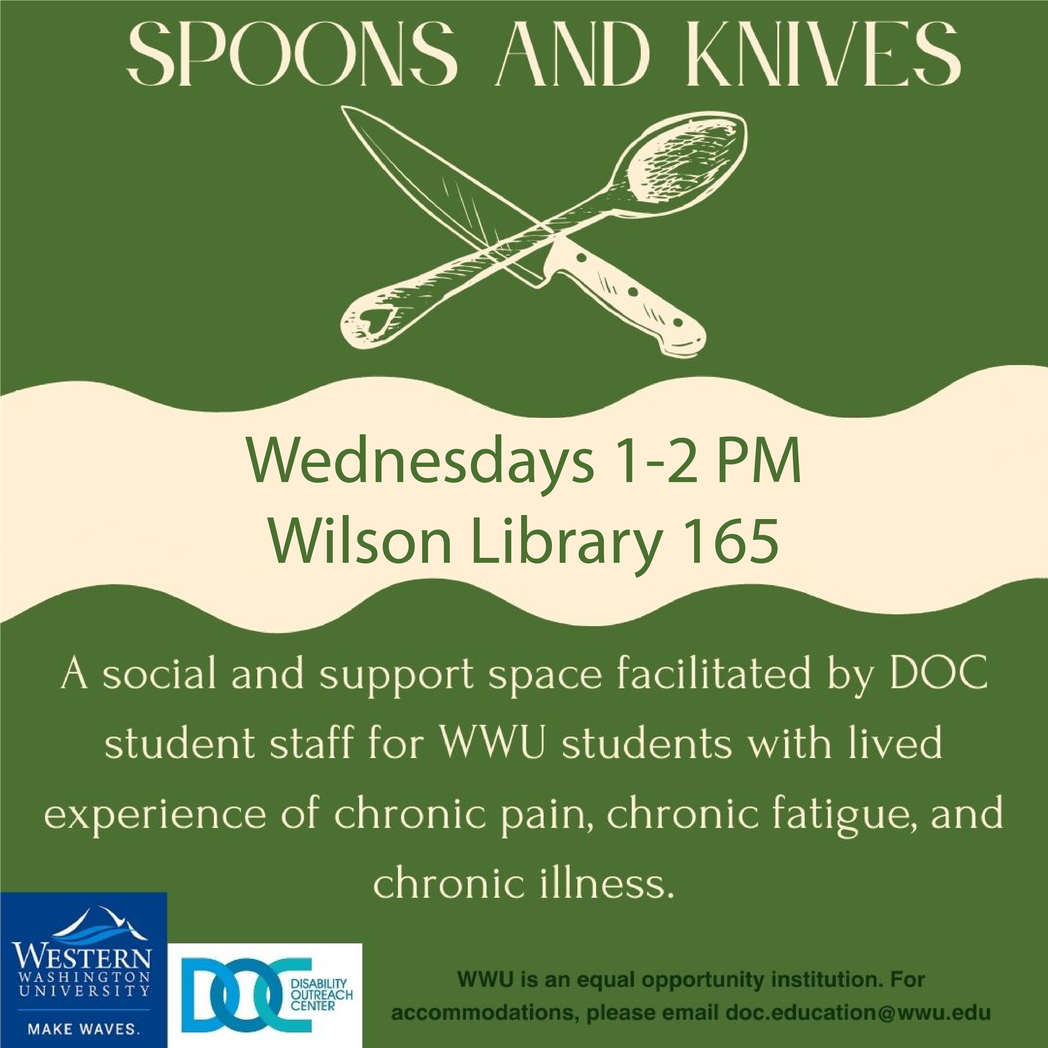 A graphic advertising Spoons and Knives, a support space for students with chronic pain, illness, and fatigue