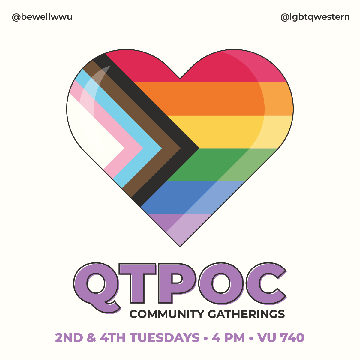 decorative event flyer with a progressive pride flag design in a heart and event details in text below. Full image description below.