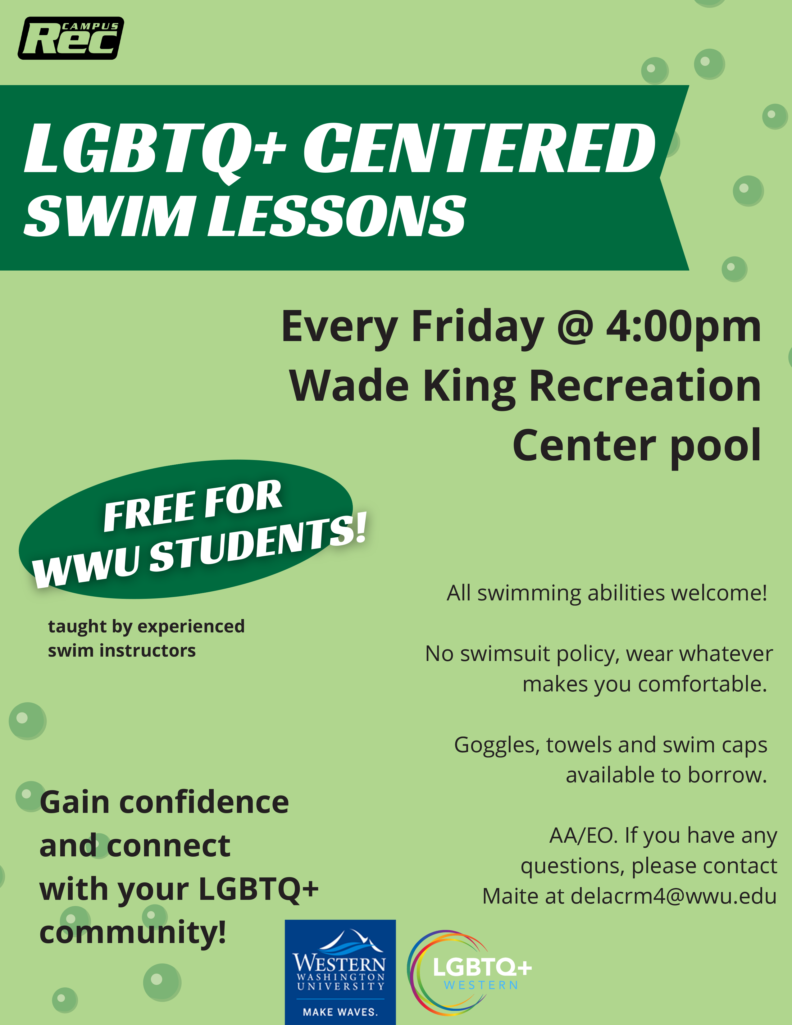 A decorative graphic advertising LGBTQ+ centered swim lessons.